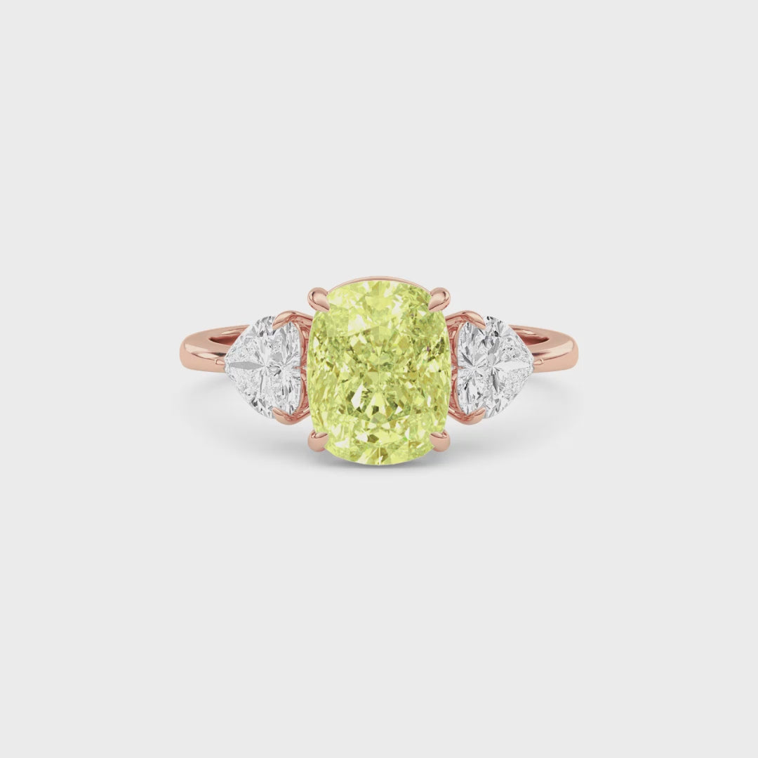 Rose gold Three-Stone Fancy Yellow Cushion Cut Diamond Ring with Heart Side Stones