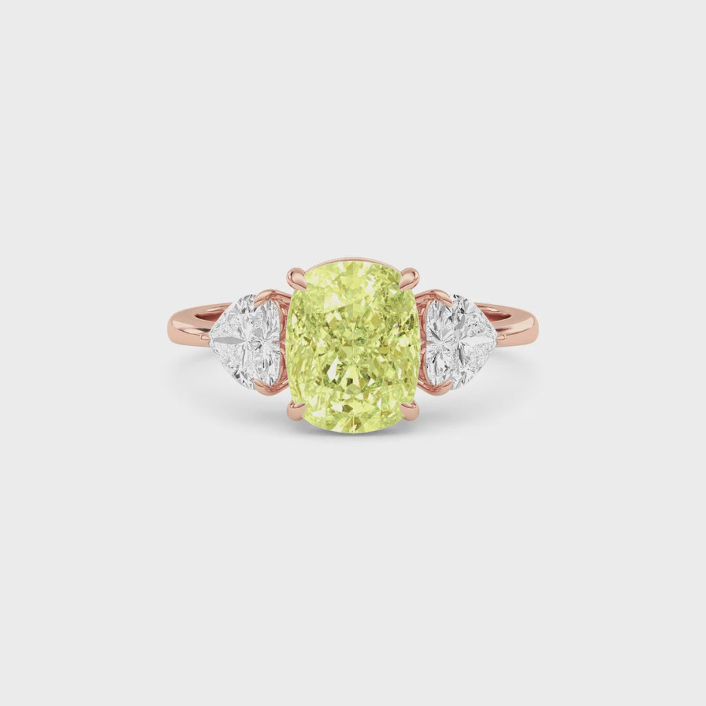 Rose gold Three-Stone Fancy Yellow Cushion Cut Diamond Ring with Heart Side Stones
