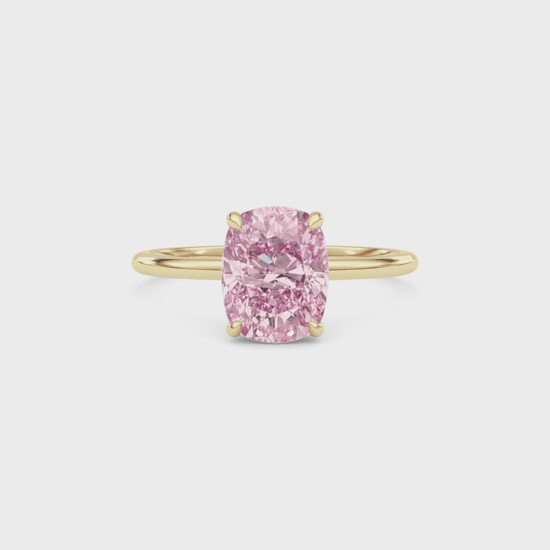 Yellow gold Fancy Pink Cushion Cut Diamond Hidden Halo Solitaire Engagement Ring with Prong Setting