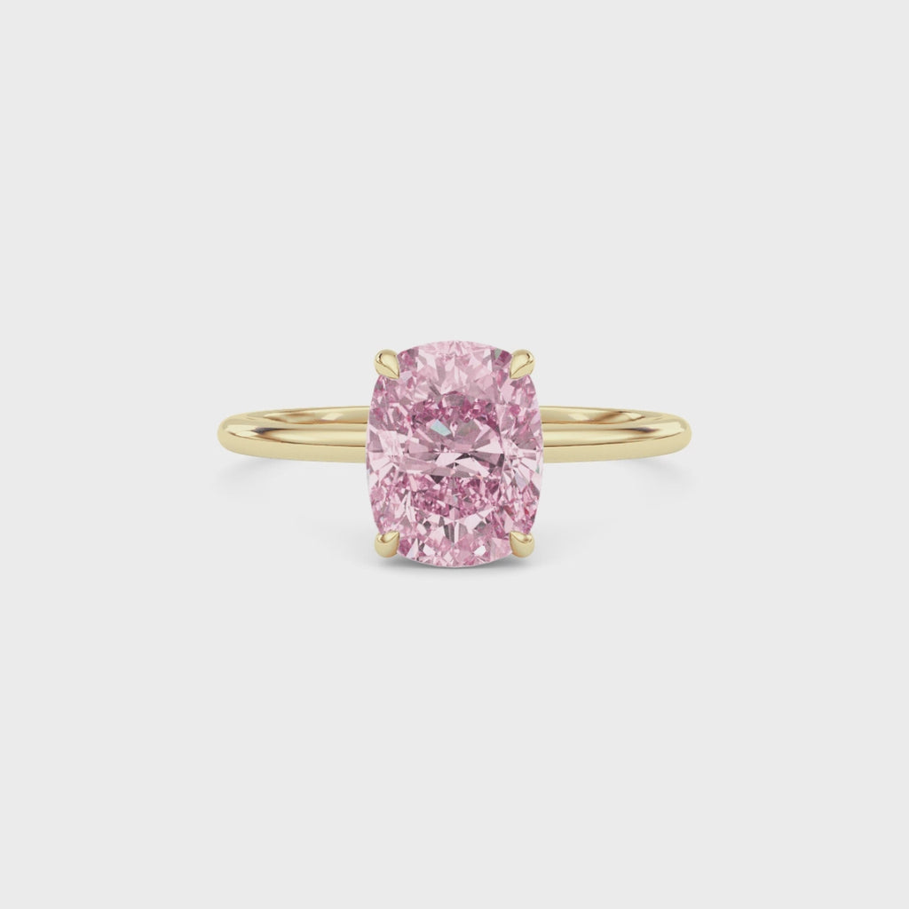 Yellow gold Fancy Pink Cushion Cut Diamond Hidden Halo Solitaire Engagement Ring with Prong Setting