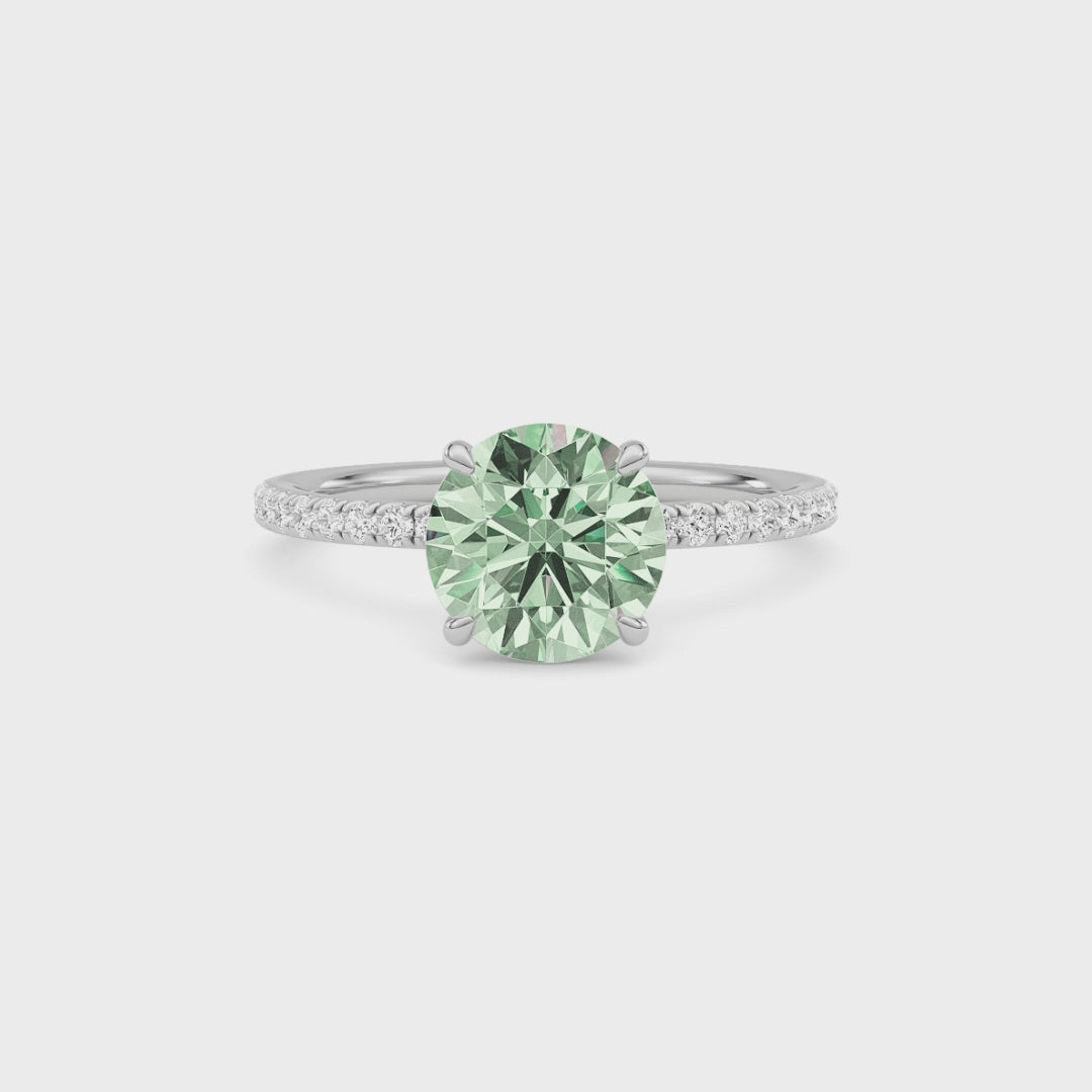 Platinum Fancy Green Round Cut Diamond Solitaire with Pavé Band