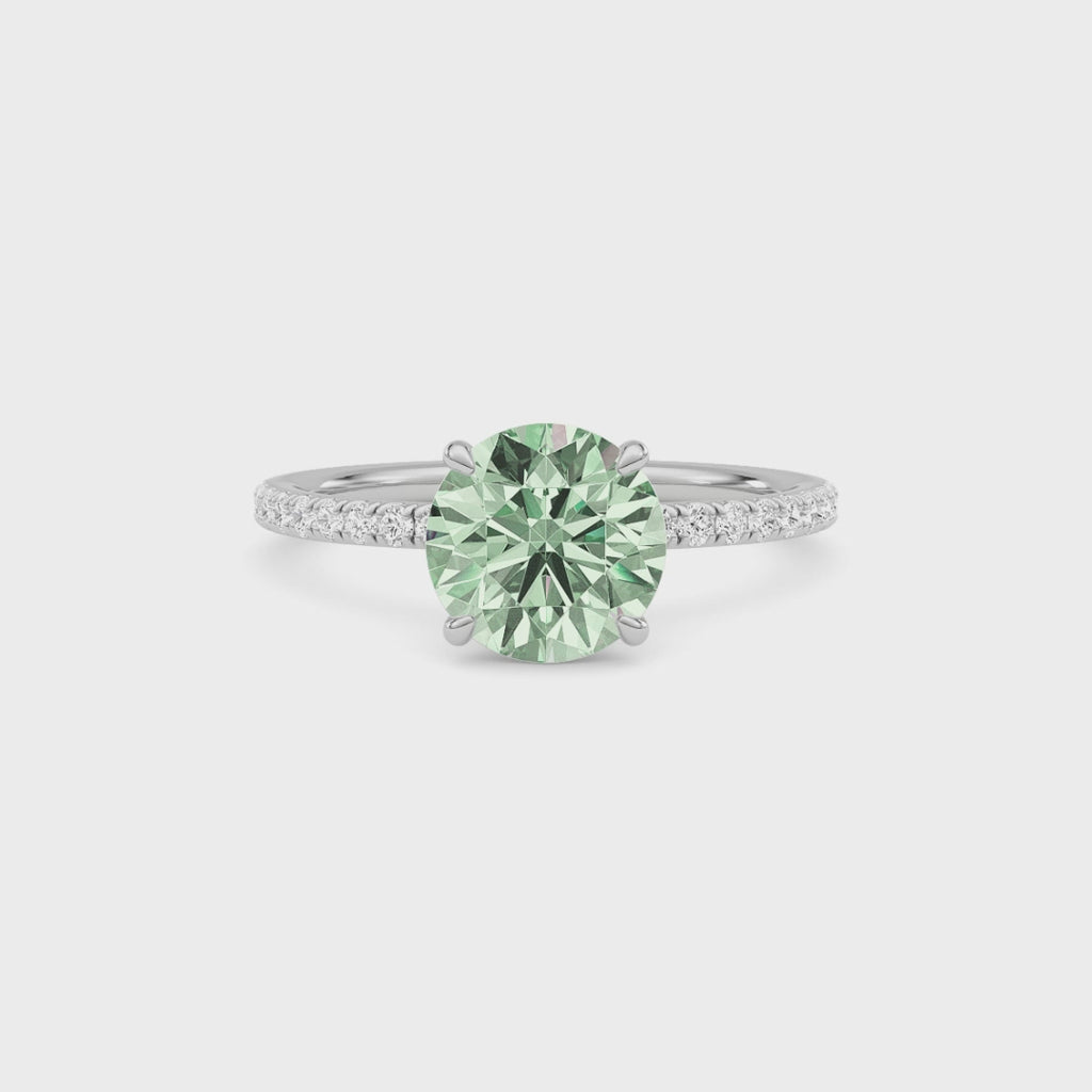Platinum Fancy Green Round Cut Diamond Solitaire with Pavé Band