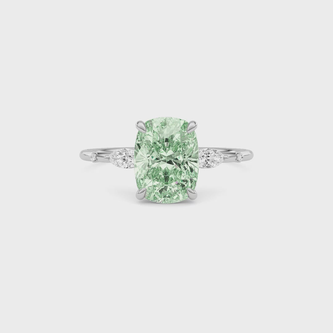 Platinum Fancy Green Cushion Cut Diamond Marquise Side Stone Engagement Ring