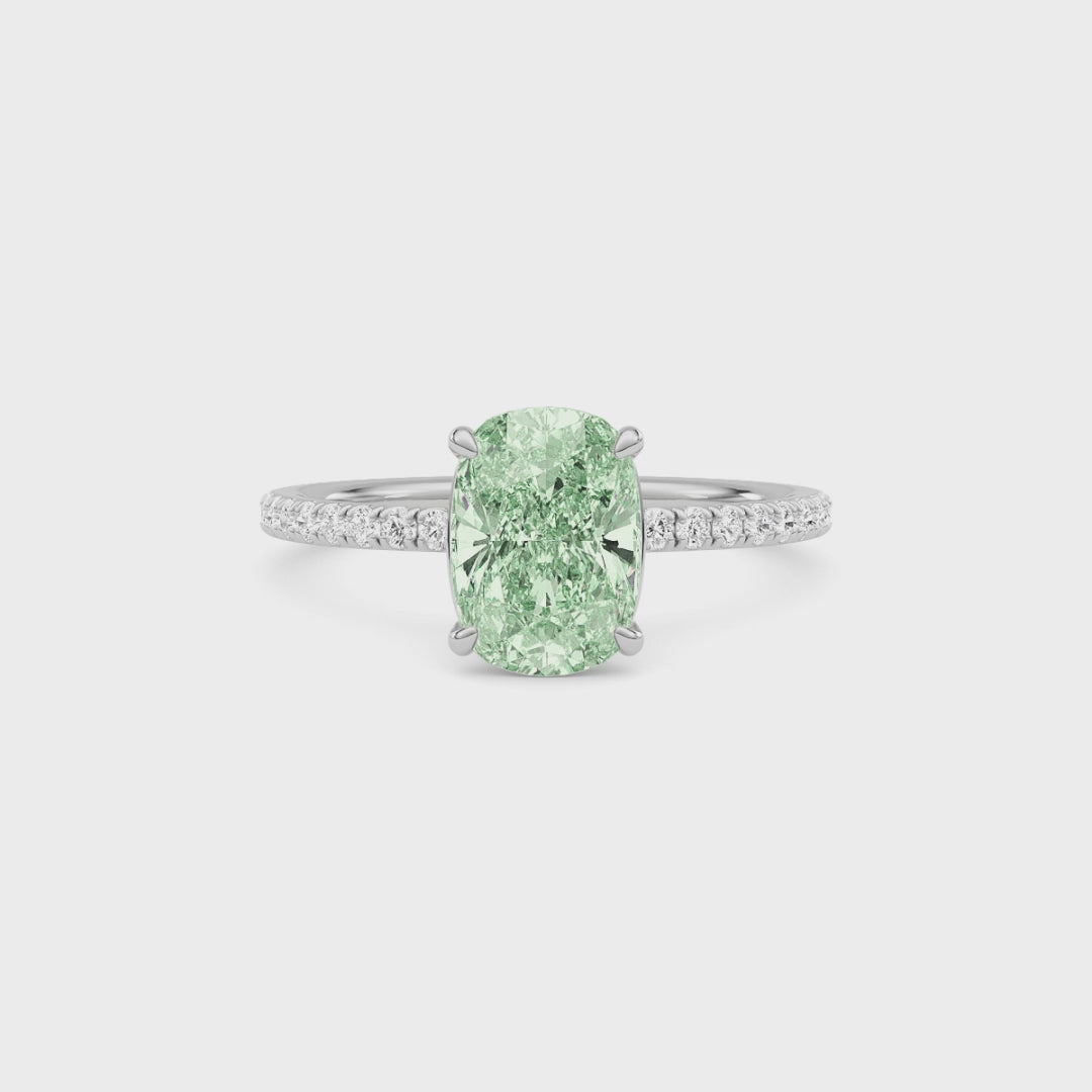 Silver Fancy Green Cushion Cut Diamond Solitaire with Pavé Band