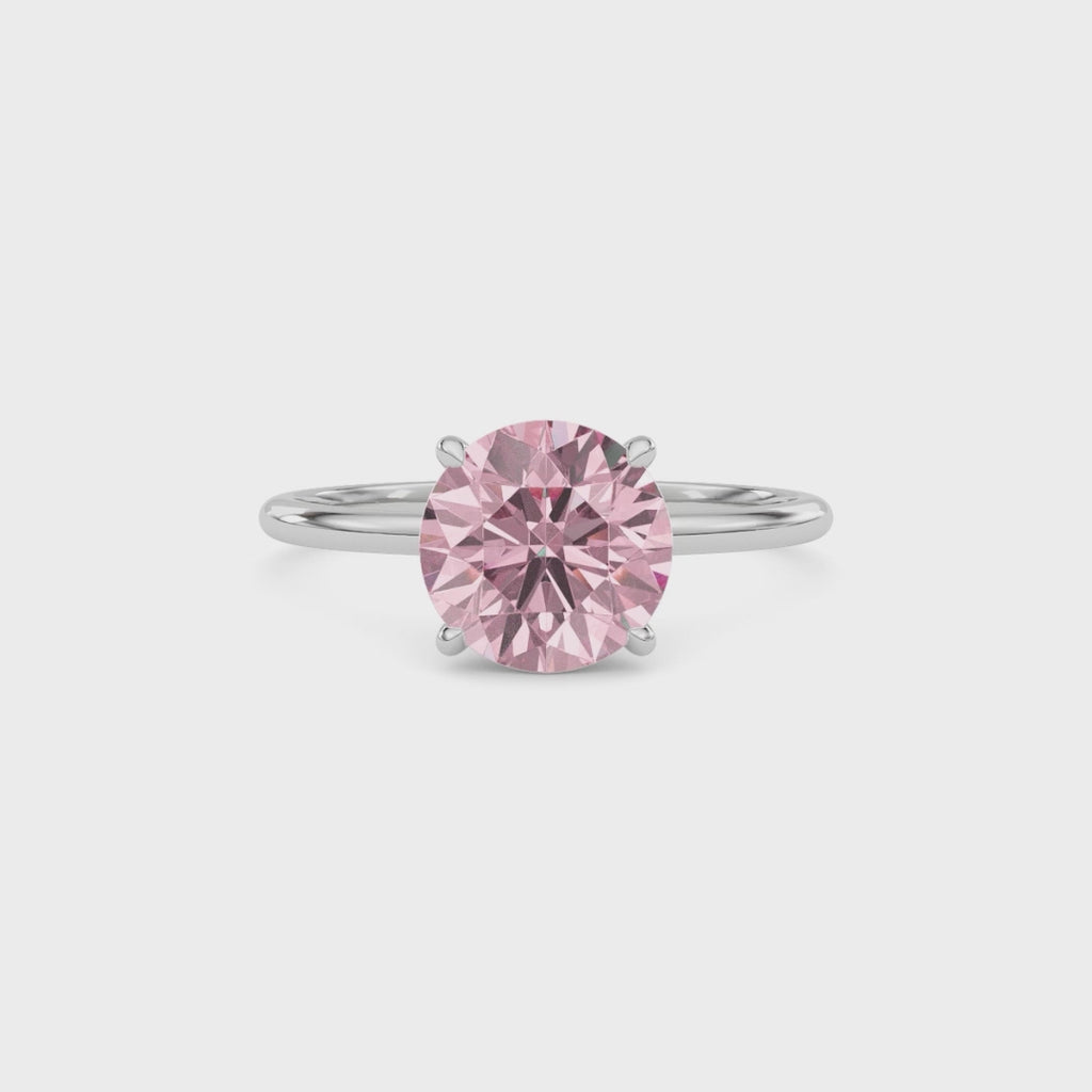 White gold Fancy Pink Round Cut Diamond Hidden Halo Solitaire Engagement Ring with Prong Setting