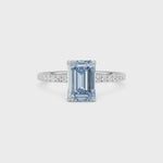 Silver Fancy Blue Emerald Cut Diamond Solitaire with Pavé Band
