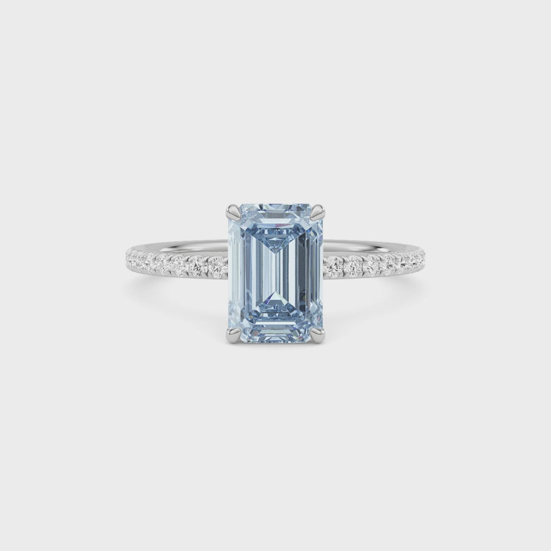 Silver Fancy Blue Emerald Cut Diamond Solitaire with Pavé Band