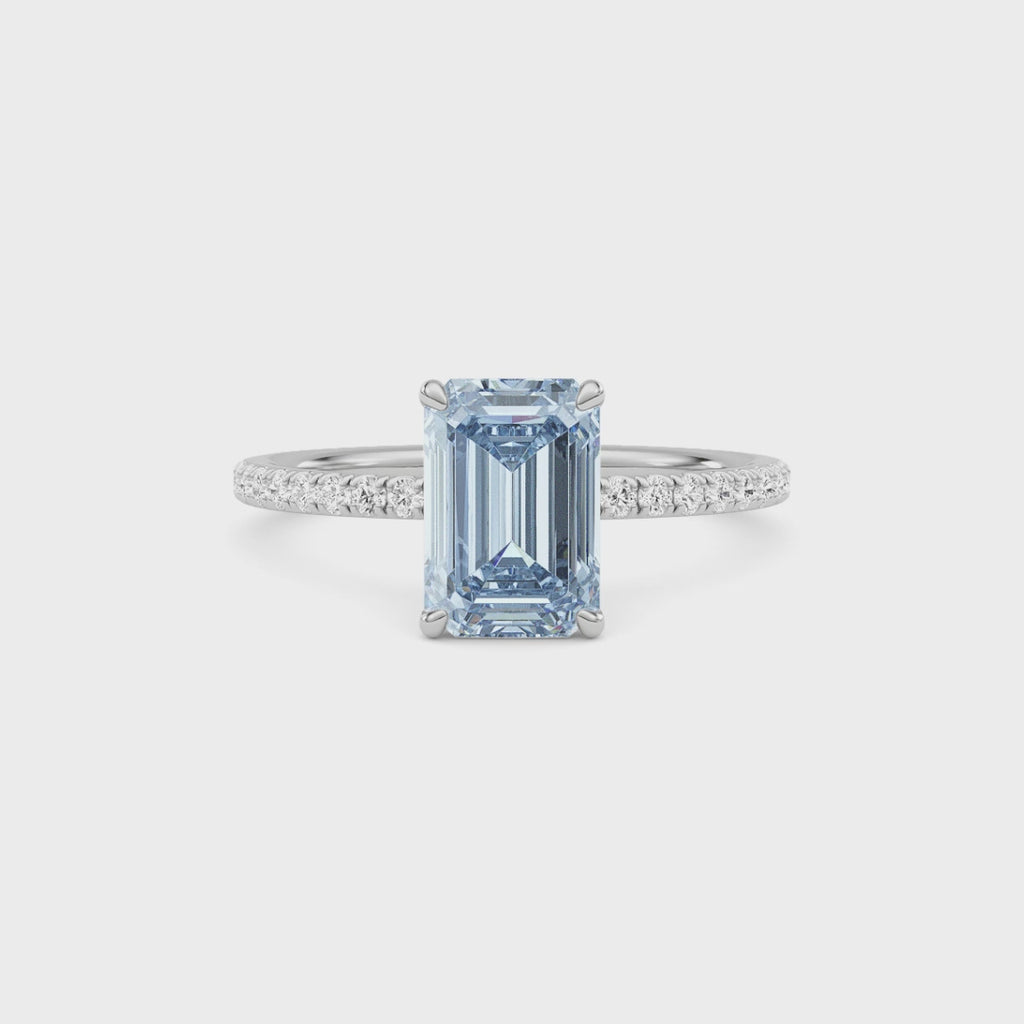 Silver Fancy Blue Emerald Cut Diamond Solitaire with Pavé Band