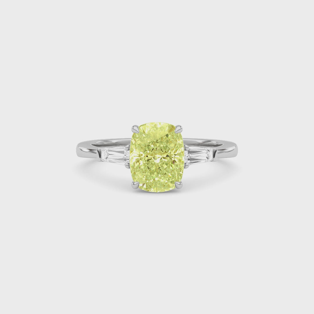 Yellow gold Three-Stone Fancy Yellow Cushion Cut Diamond Ring with Tapered Baguette Side Stones