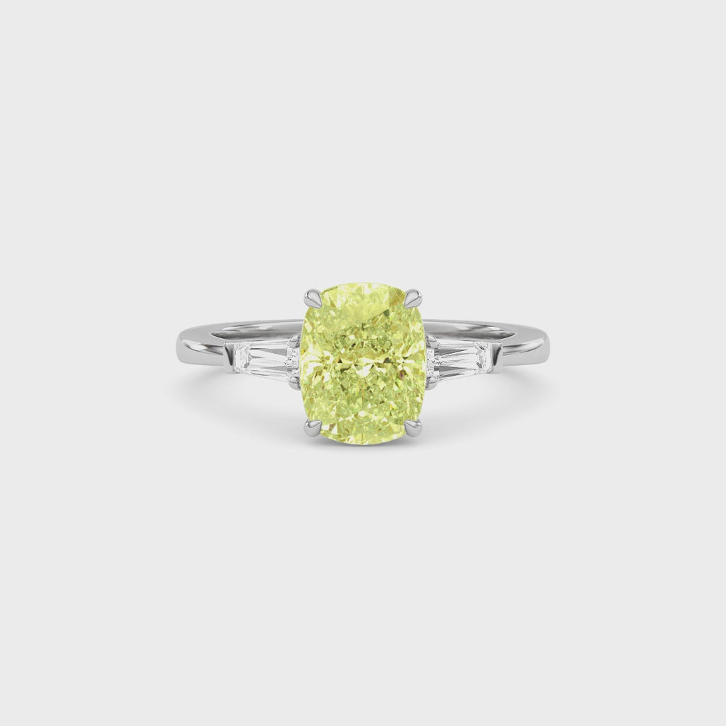 Yellow gold Three-Stone Fancy Yellow Cushion Cut Diamond Ring with Tapered Baguette Side Stones