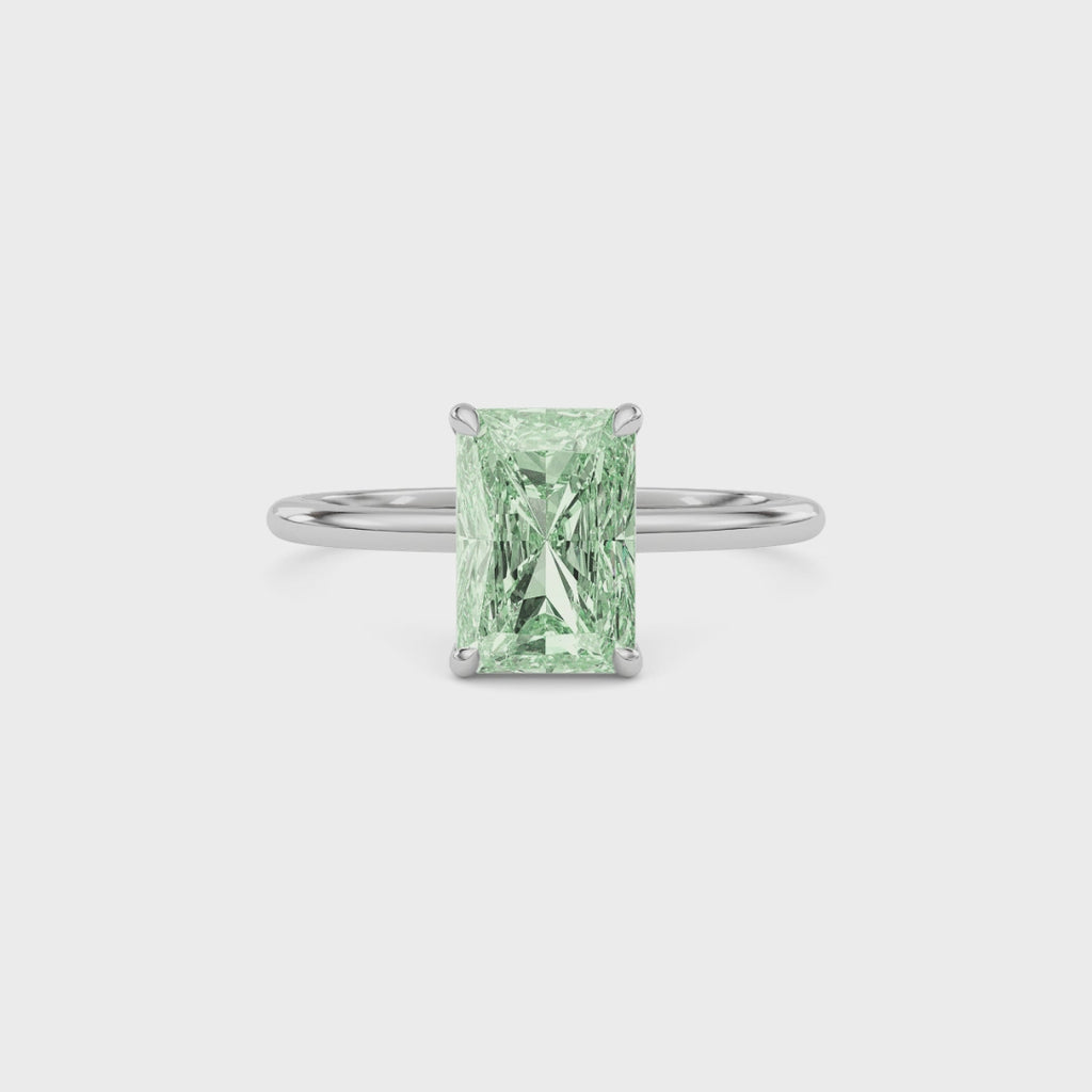 Silver Fancy Green Radiant Cut Diamond Hidden Halo Solitaire Engagement Ring with Prong Setting