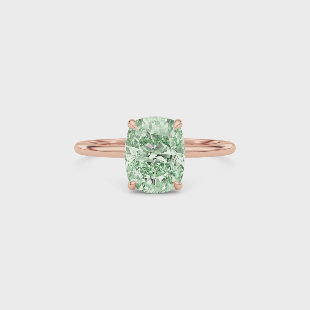 Rose gold Fancy Green Cushion Cut Diamond Hidden Halo Solitaire Engagement Ring with Prong Setting