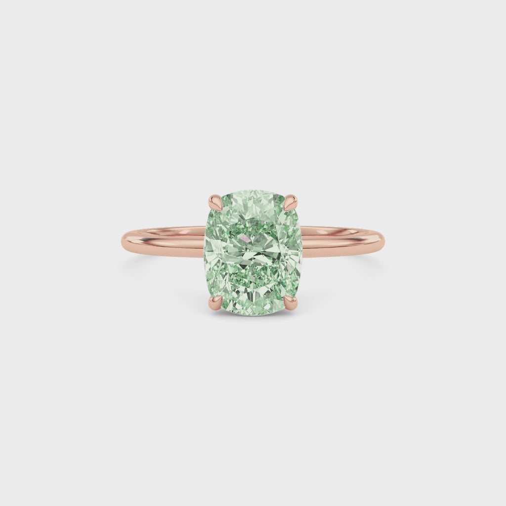 Rose gold Fancy Green Cushion Cut Diamond Hidden Halo Solitaire Engagement Ring with Prong Setting
