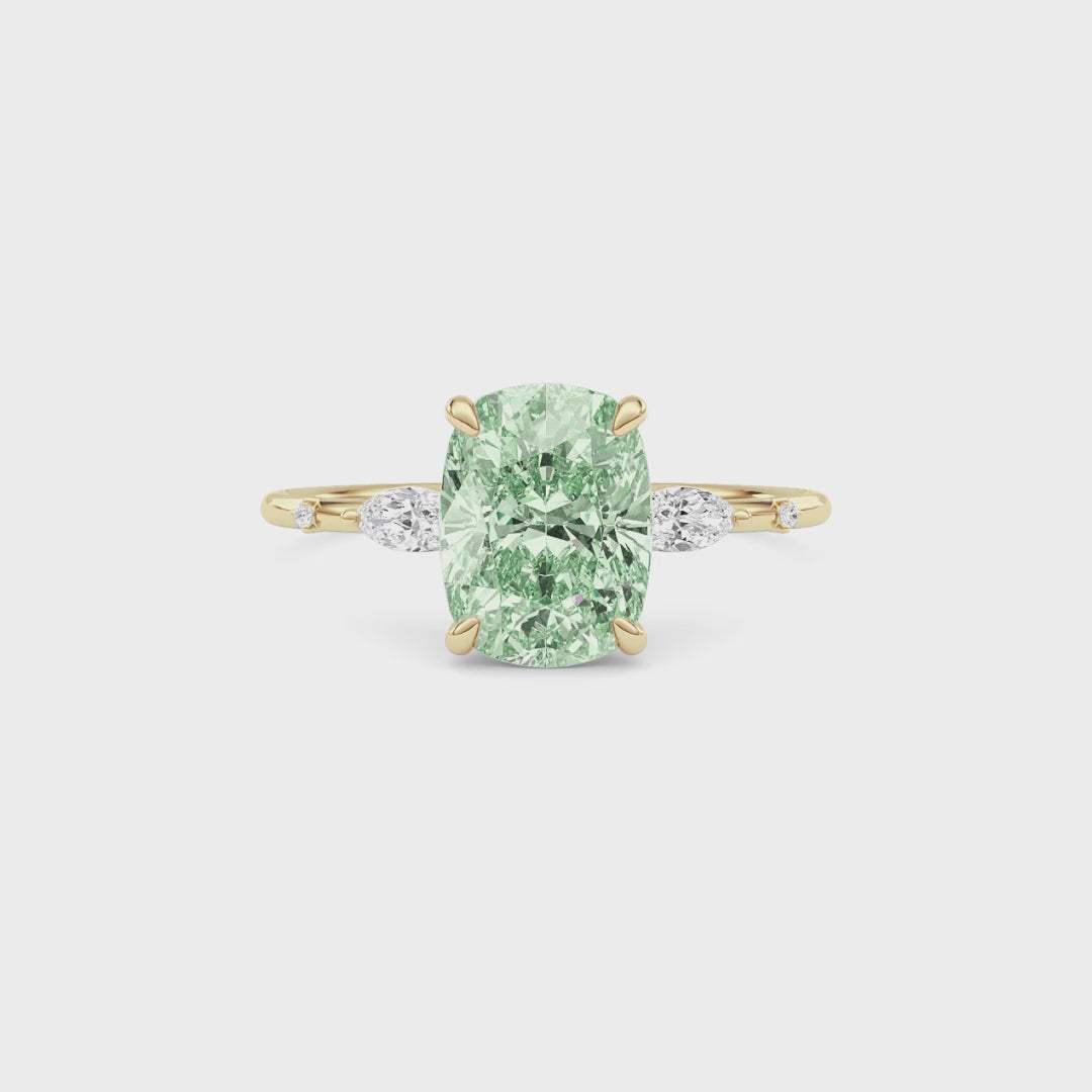 Yellow gold Fancy Green Cushion Cut Diamond Marquise Side Stone Engagement Ring