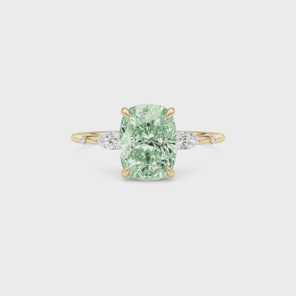 Yellow gold Fancy Green Cushion Cut Diamond Marquise Side Stone Engagement Ring
