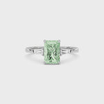 Platinum Three-Stone Fancy Green Radiant Cut Diamond Ring with Tapered Baguette Side Stones