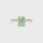 Yellow gold Fancy Green Cushion Cut Diamond Solitaire with Pavé Band