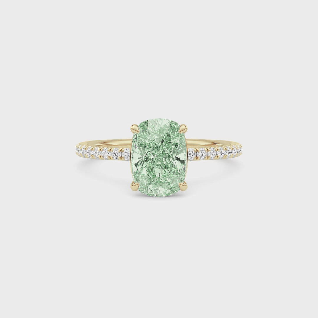 Yellow gold Fancy Green Cushion Cut Diamond Solitaire with Pavé Band