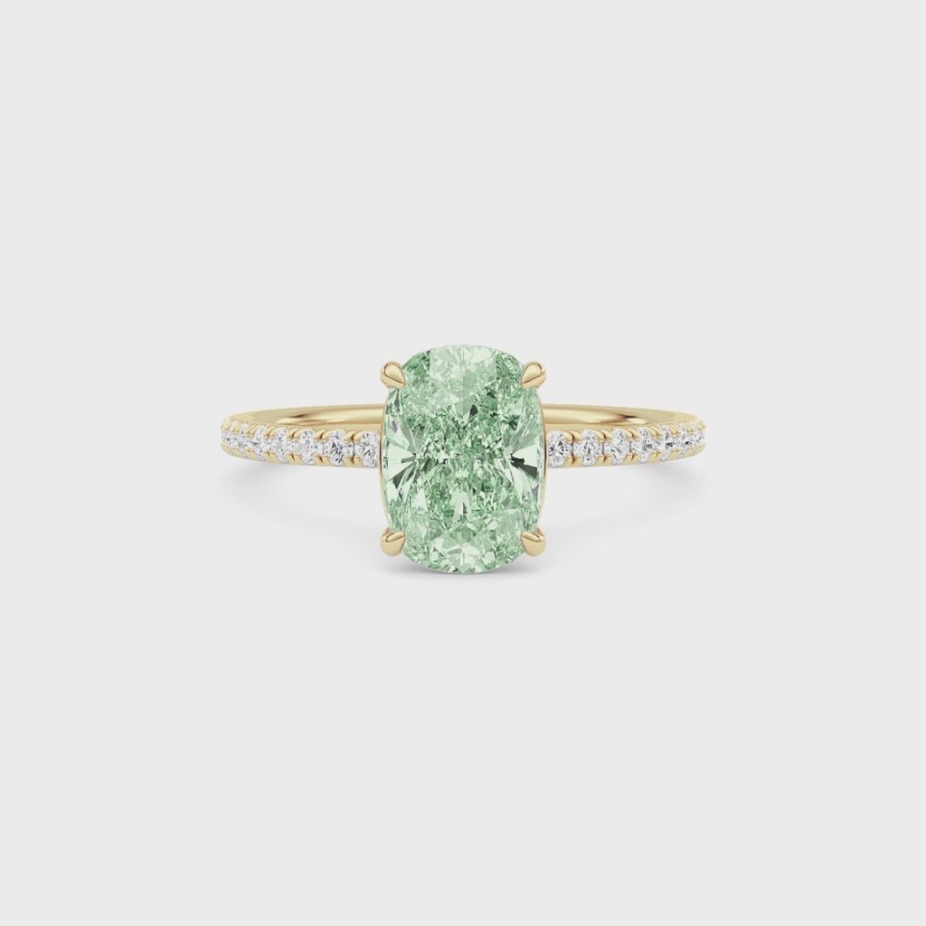 Yellow gold Fancy Green Cushion Cut Diamond Solitaire with Pavé Band