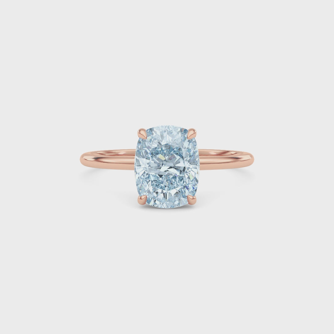 Rose gold Fancy Blue Cushion Cut Diamond Hidden Halo Solitaire Engagement Ring with Prong Setting