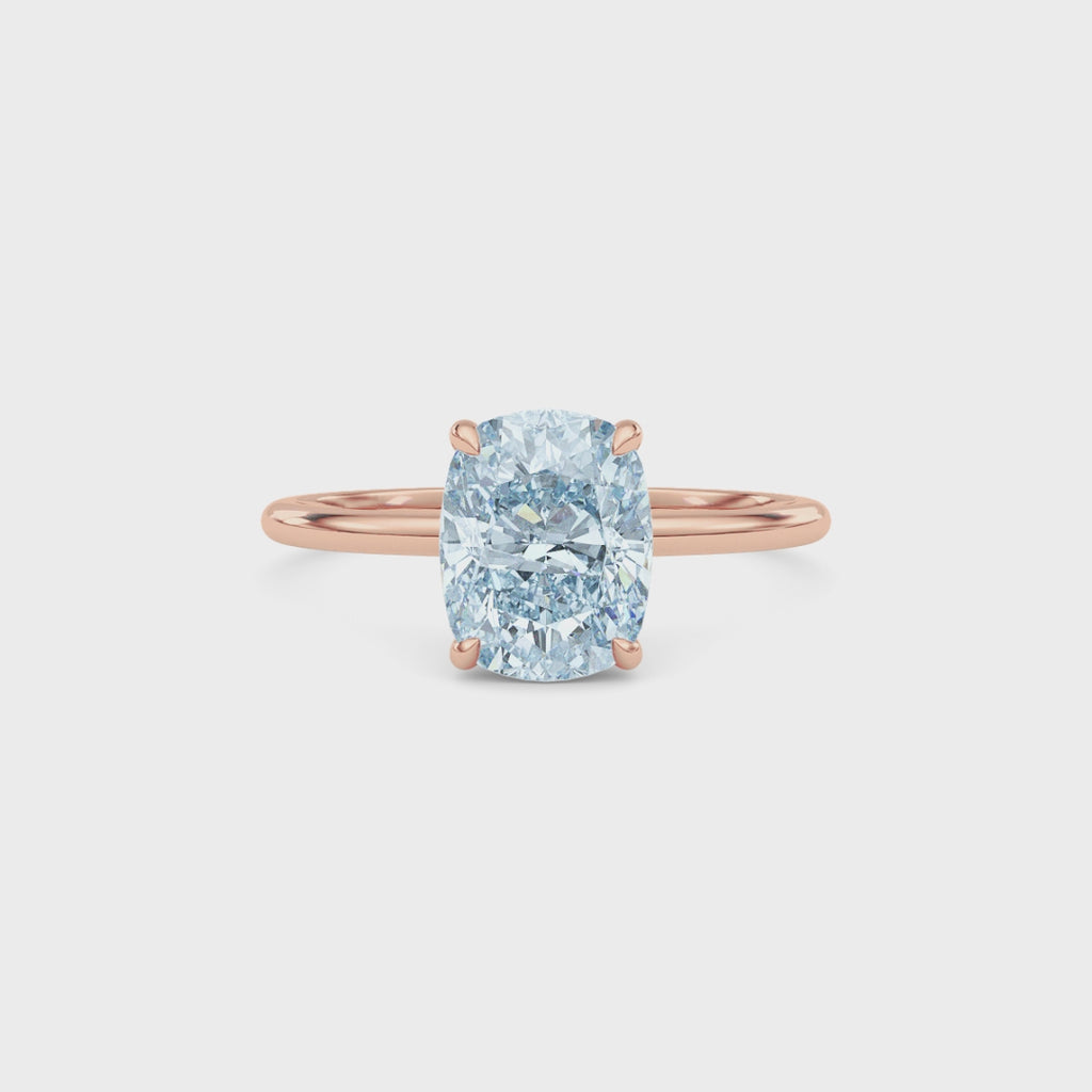 Rose gold Fancy Blue Cushion Cut Diamond Hidden Halo Solitaire Engagement Ring with Prong Setting