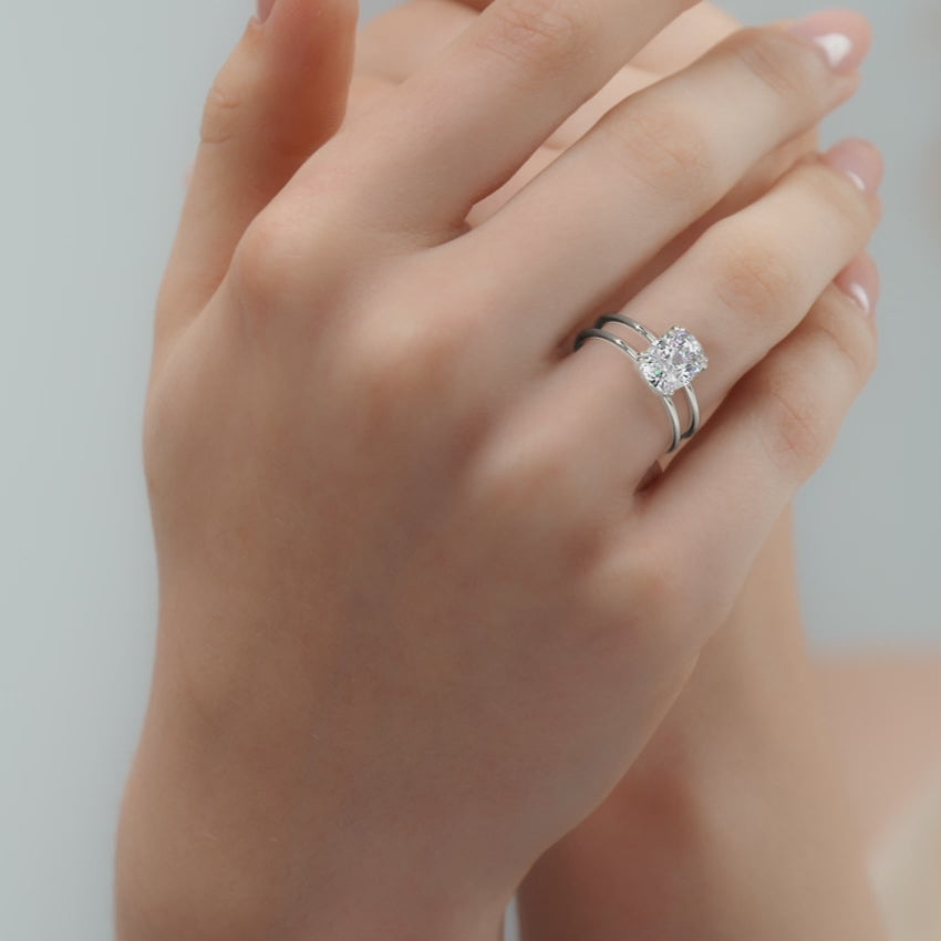Platinum Cushion Diamond Solitaire Engagement Ring with Double Band and Open Gallery Prong Setting