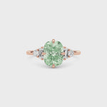 Rose gold Fancy Green Cushion Cut Three Stone Diamond Engagement Ring with Tapered Baguette and Round Side Stones