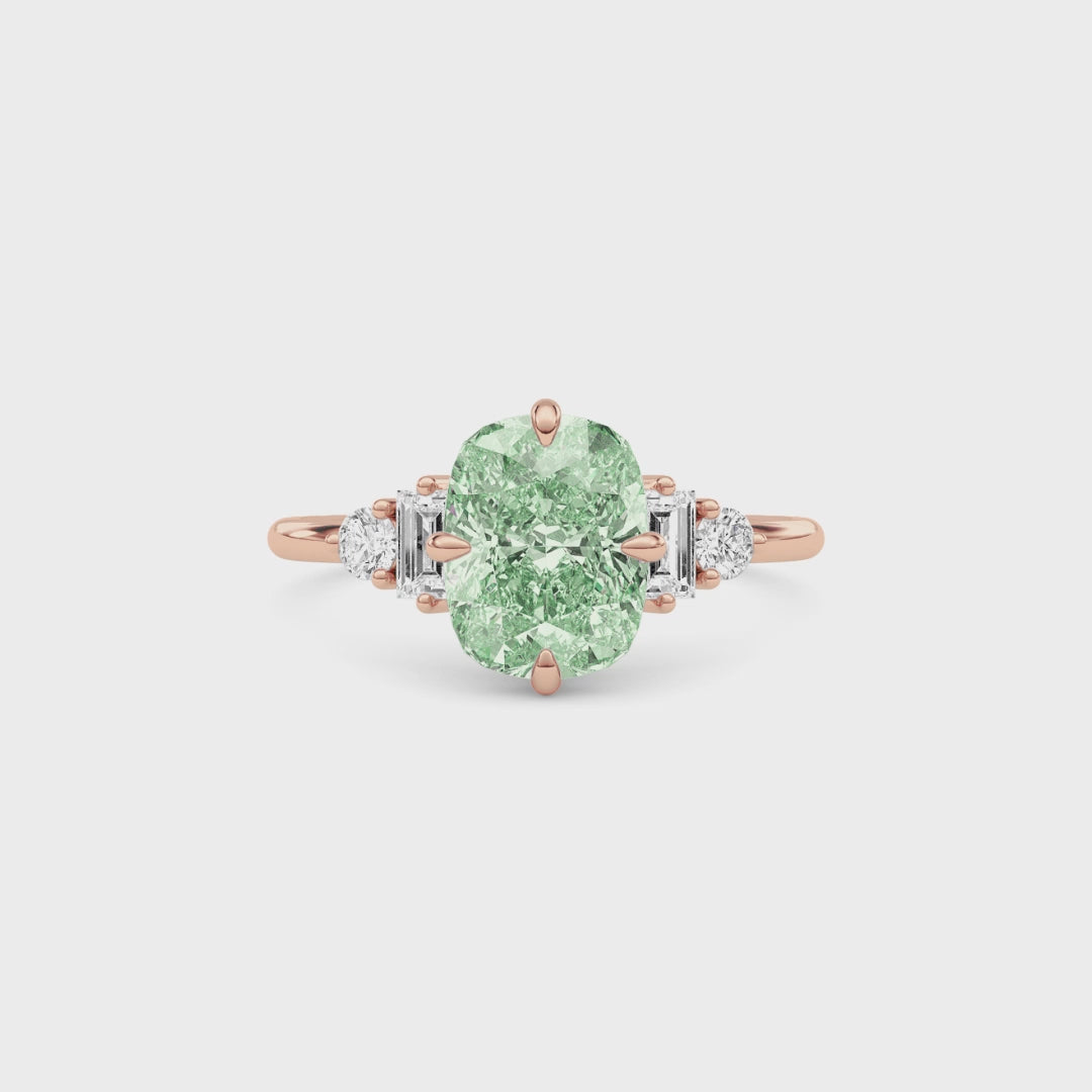 Rose gold Fancy Green Cushion Cut Three Stone Diamond Engagement Ring with Tapered Baguette and Round Side Stones