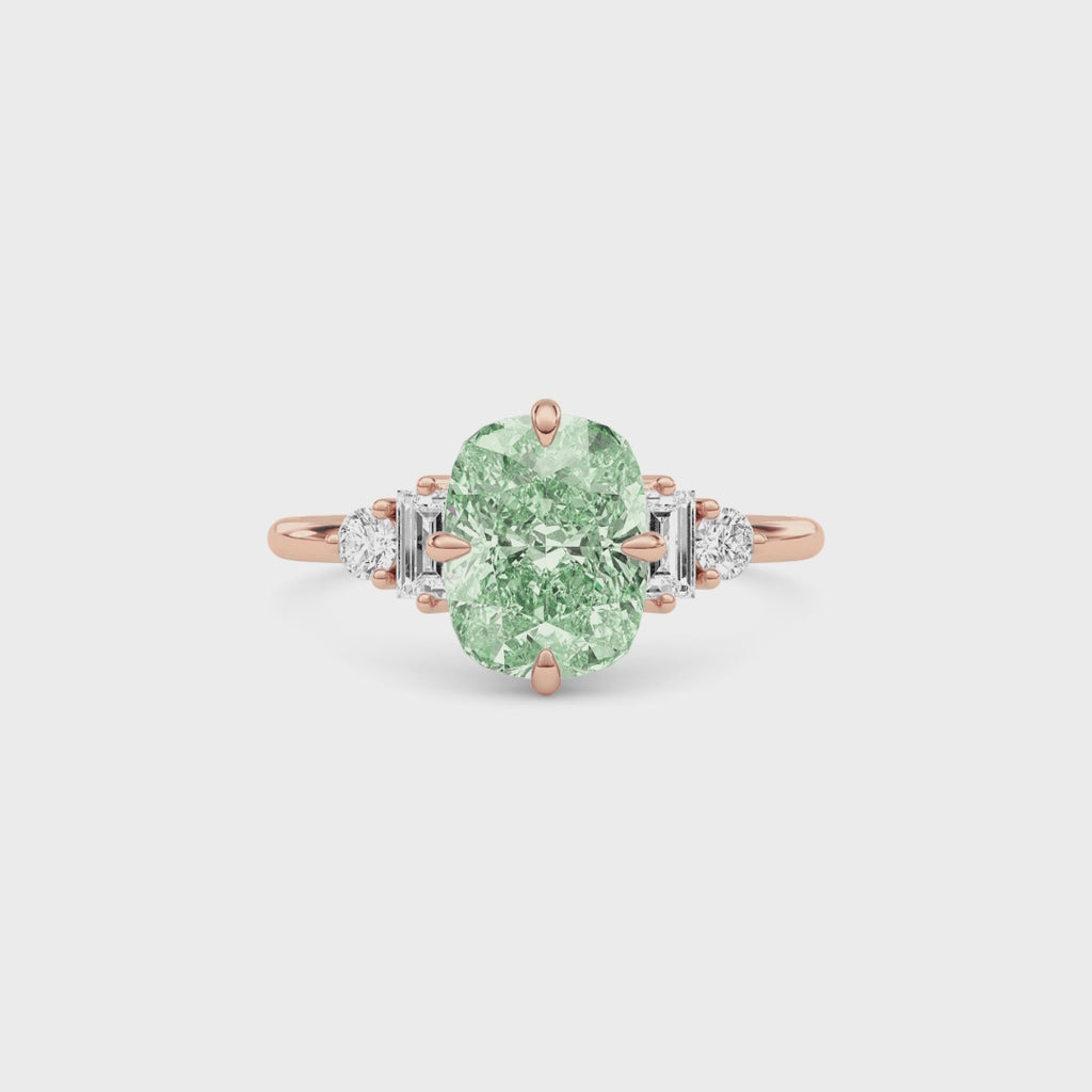 Rose gold Fancy Green Cushion Cut Three Stone Diamond Engagement Ring with Tapered Baguette and Round Side Stones