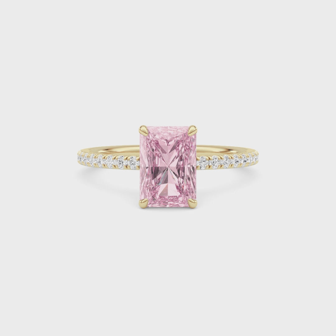 Yellow gold Fancy Pink Radiant Cut Diamond Solitaire with Pavé Band