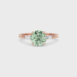 Rose gold Three-Stone Fancy Green Round Cut Diamond Ring with Tapered Baguette Side Stones
