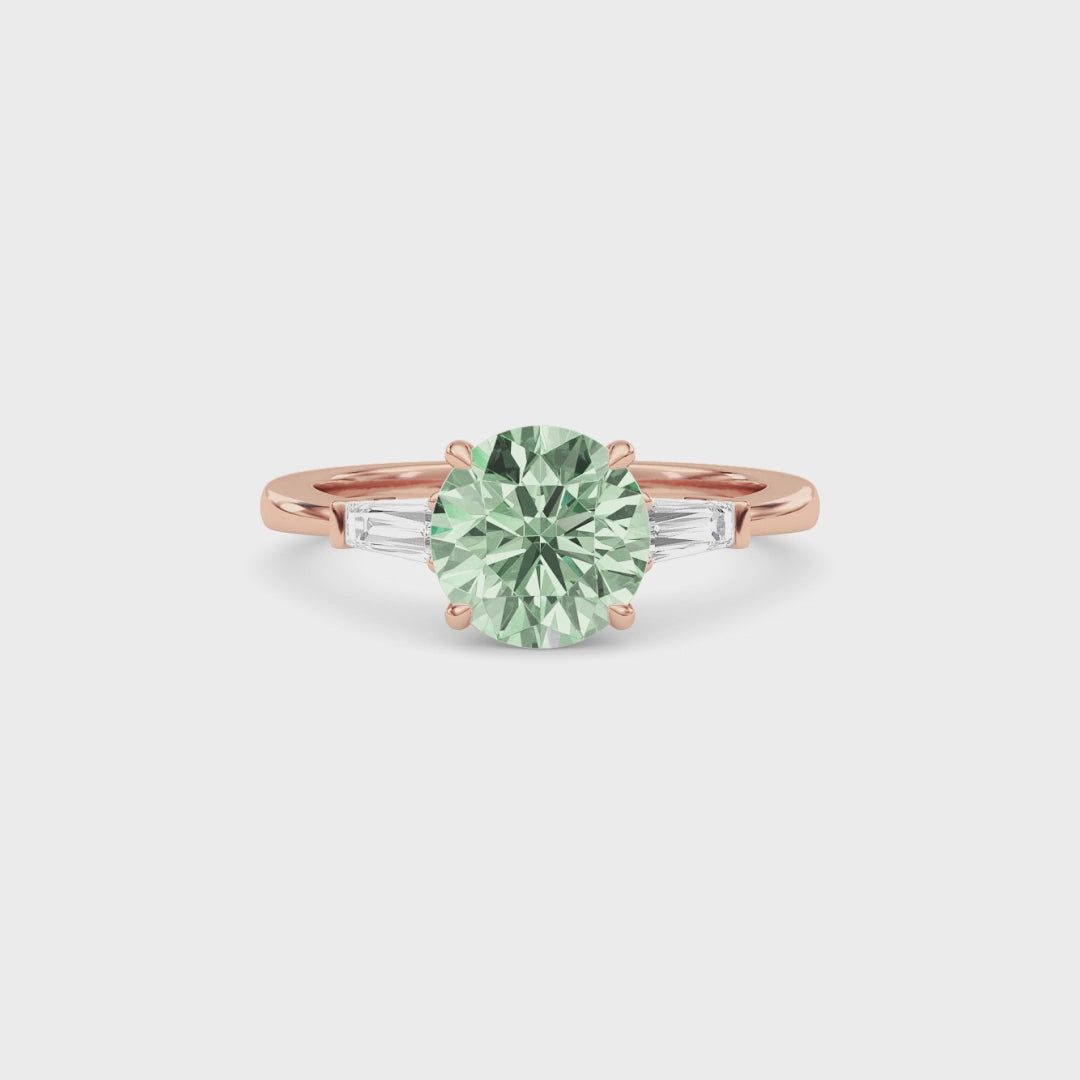Rose gold Three-Stone Fancy Green Round Cut Diamond Ring with Tapered Baguette Side Stones