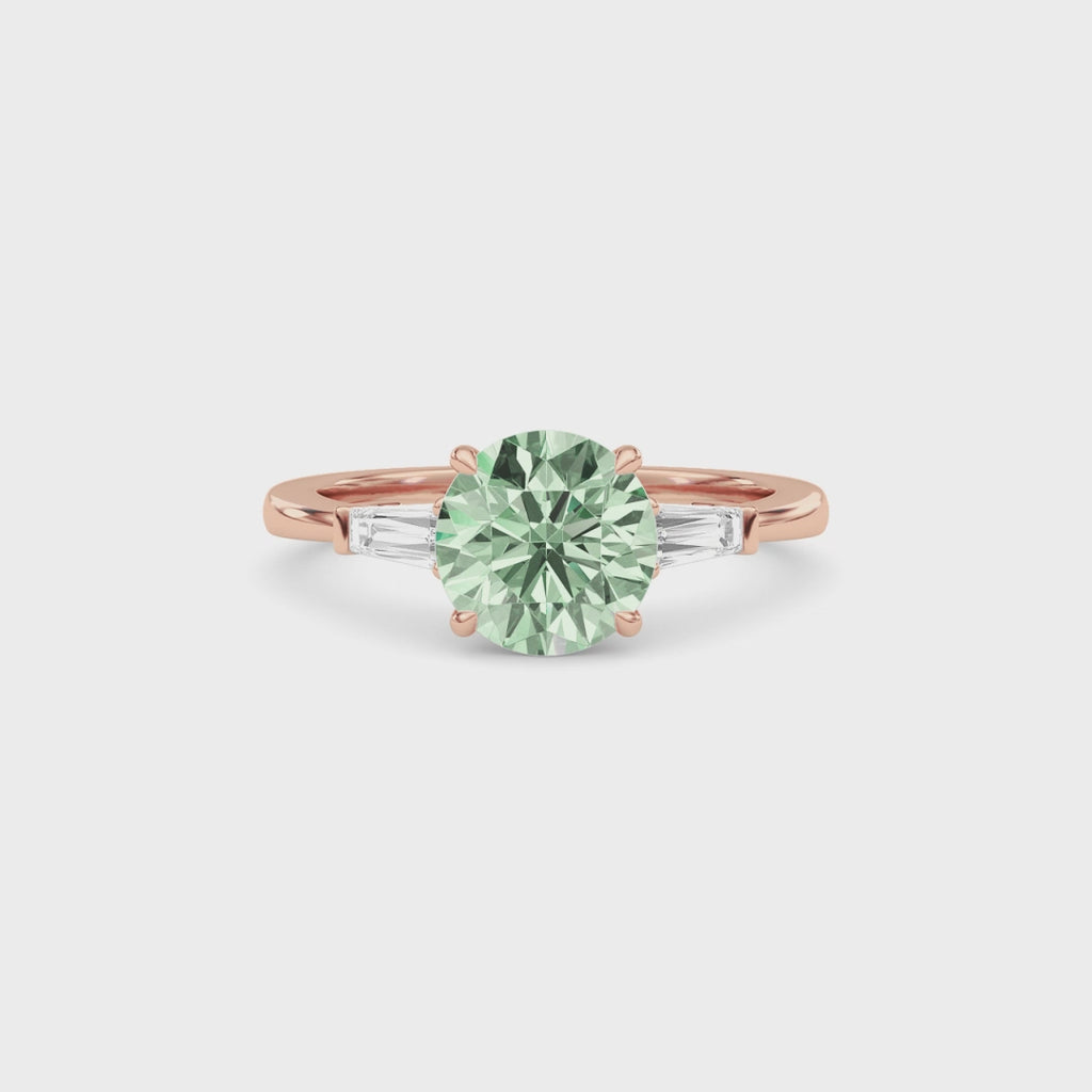 Rose gold Three-Stone Fancy Green Round Cut Diamond Ring with Tapered Baguette Side Stones