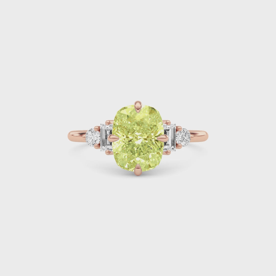 Rose gold Fancy Yellow Cushion Cut Three Stone Diamond Engagement Ring with Tapered Baguette and Round Side Stones