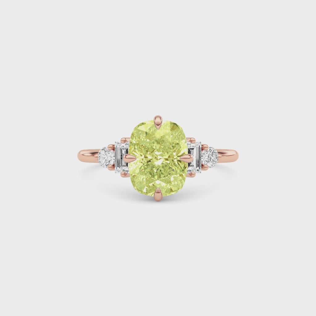 Rose gold Fancy Yellow Cushion Cut Three Stone Diamond Engagement Ring with Tapered Baguette and Round Side Stones