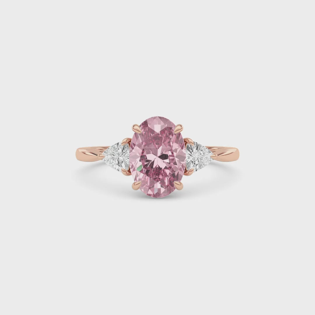 Rose gold Three-Stone Fancy Pink Oval Cut Diamond Ring with Trillion Side Stones