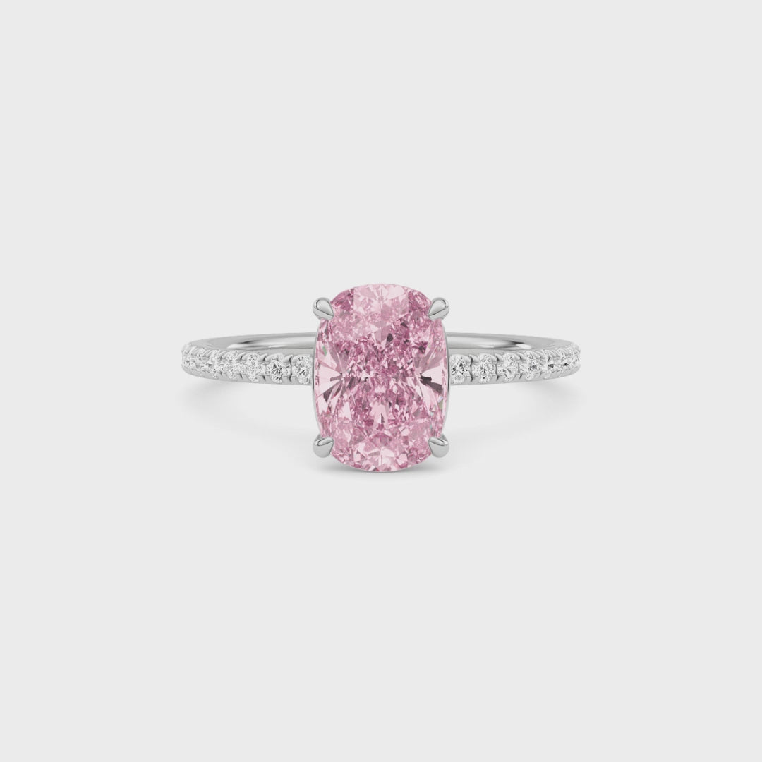 White gold Fancy Pink Cushion Cut Diamond Solitaire with Pavé Band