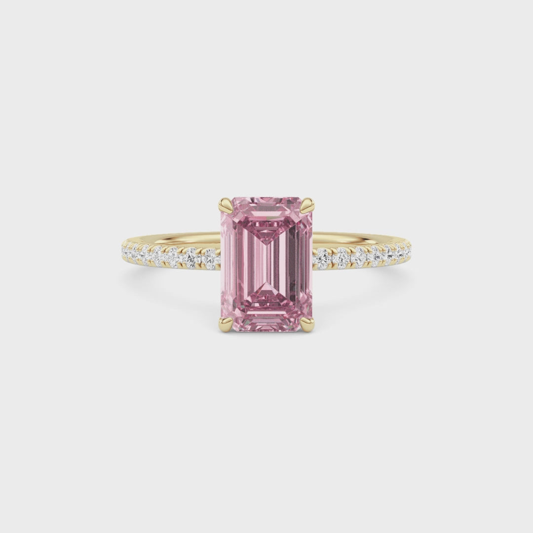 Yellow gold Fancy Pink Emerald Cut Diamond Solitaire with Pavé Band