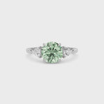 Silver Three-Stone Fancy Green Round Cut Diamond Ring with Trillion Side Stones