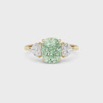 Yellow gold Three-Stone Fancy Green Cushion Cut Diamond Ring with Heart Side Stones