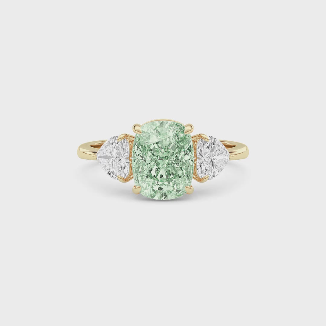 Yellow gold Three-Stone Fancy Green Cushion Cut Diamond Ring with Heart Side Stones