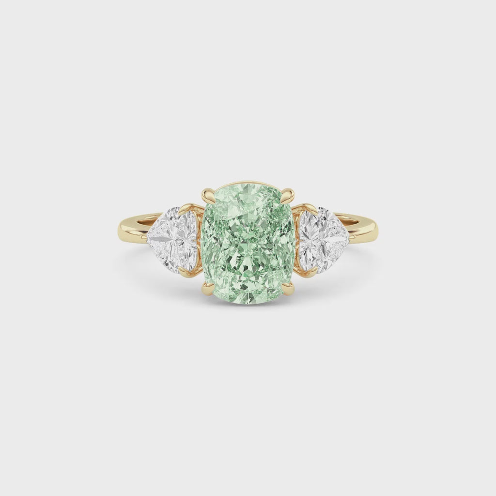Yellow gold Three-Stone Fancy Green Cushion Cut Diamond Ring with Heart Side Stones