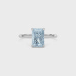 Silver Fancy Blue Radiant Cut Diamond Hidden Halo Solitaire Engagement Ring with Prong Setting
