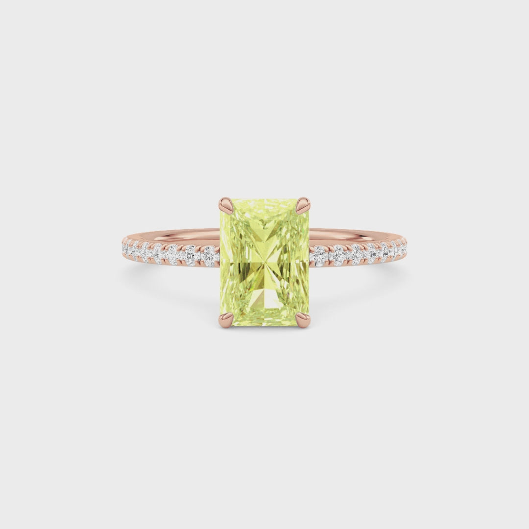 Rose gold Fancy Yellow Radiant Cut Diamond Solitaire with Pavé Band