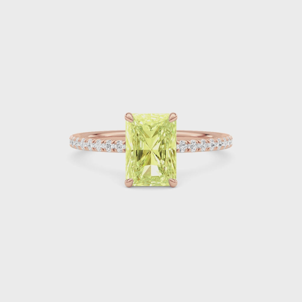 Rose gold Fancy Yellow Radiant Cut Diamond Solitaire with Pavé Band