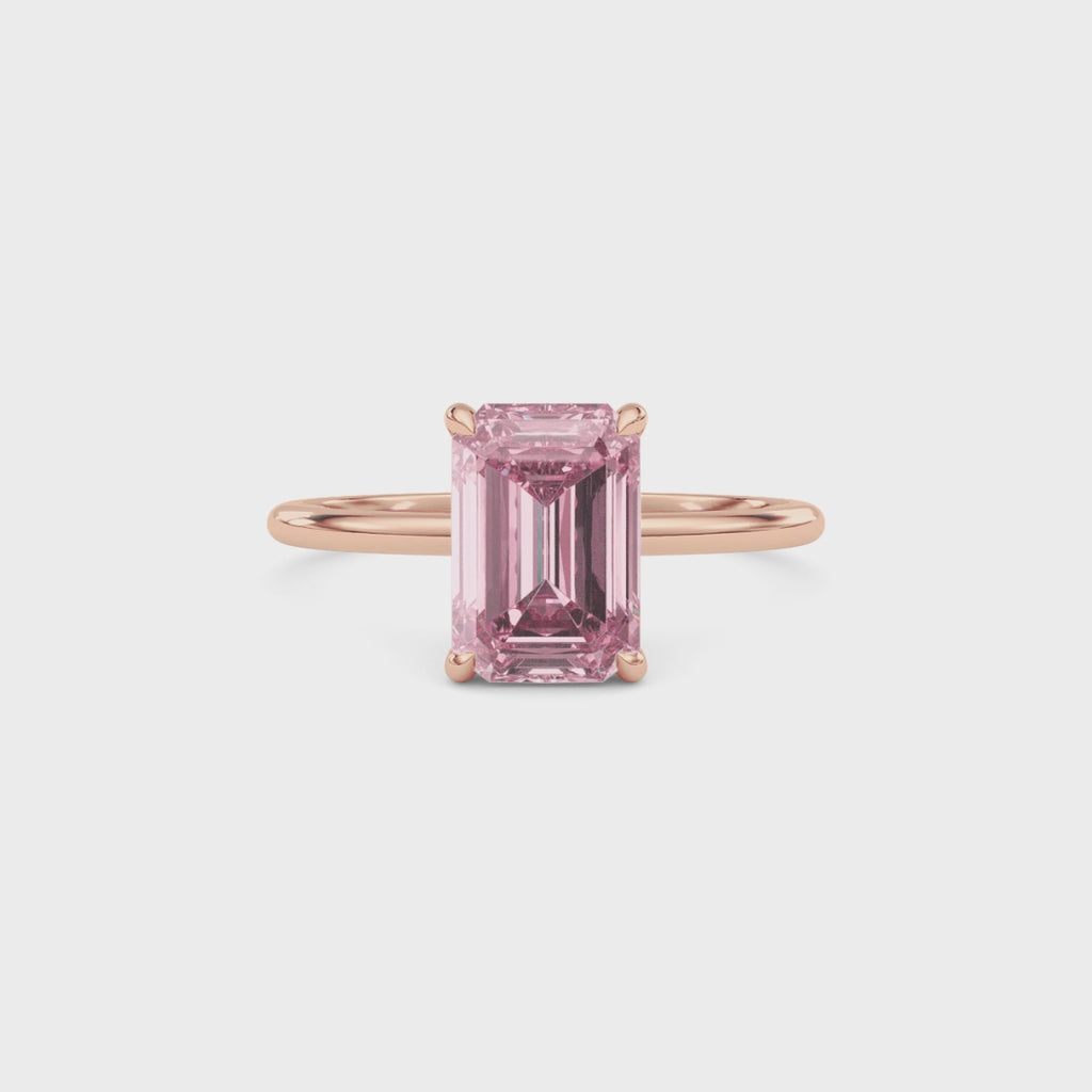 Rose gold Fancy Pink Emerald Cut Diamond Hidden Halo Solitaire Engagement Ring with Prong Setting