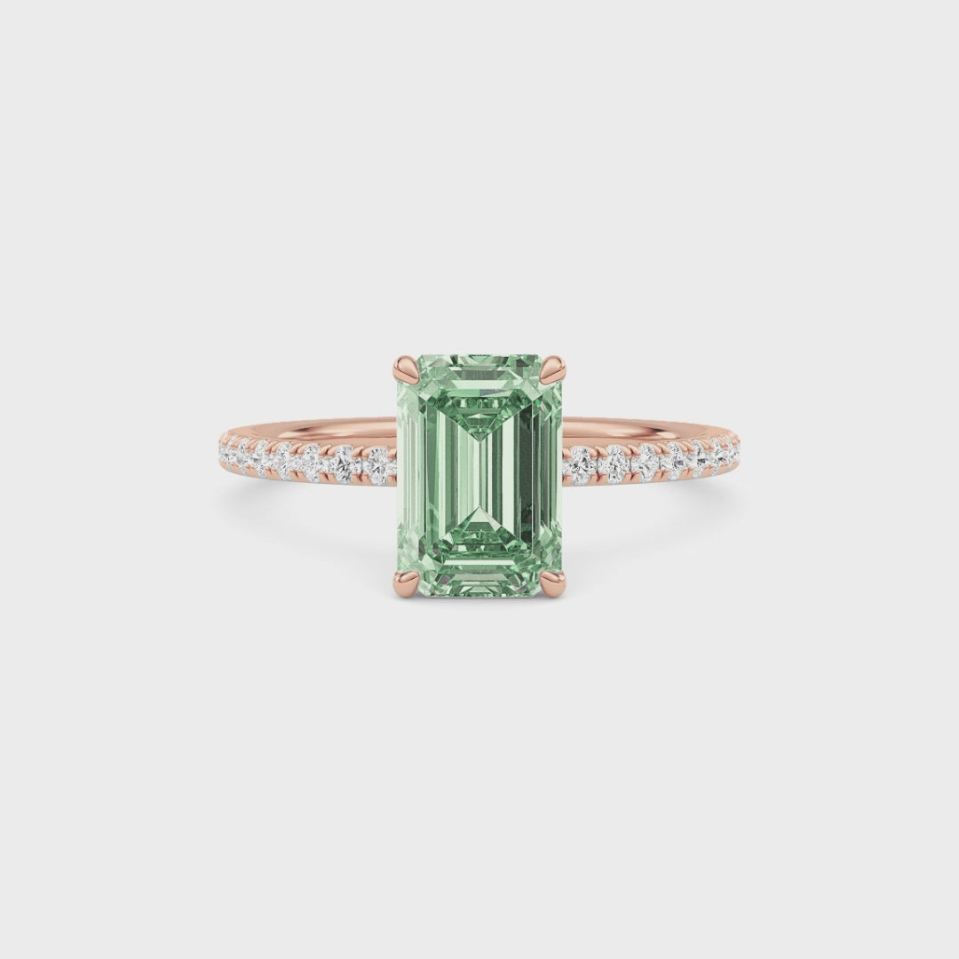 Rose gold Fancy Green Emerald Cut Diamond Solitaire with Pavé Band