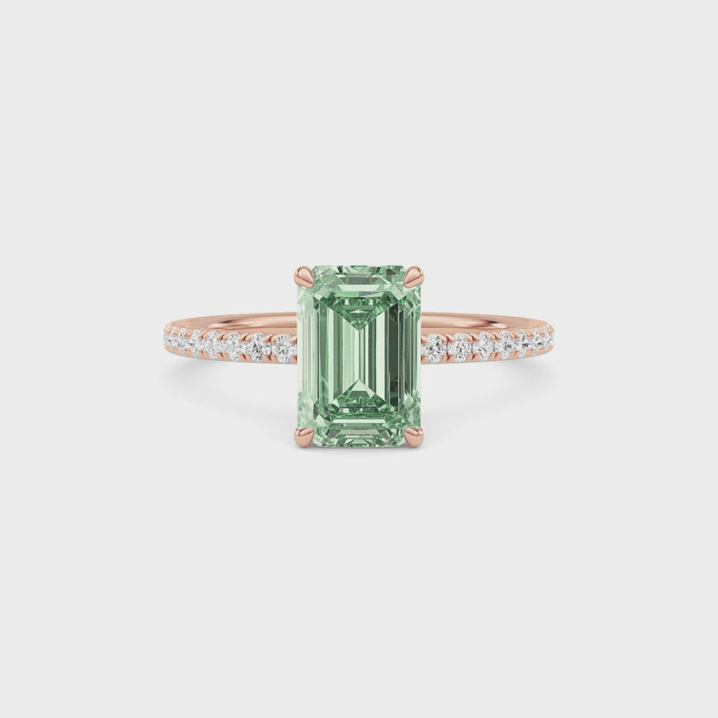Rose gold Fancy Green Emerald Cut Diamond Solitaire with Pavé Band