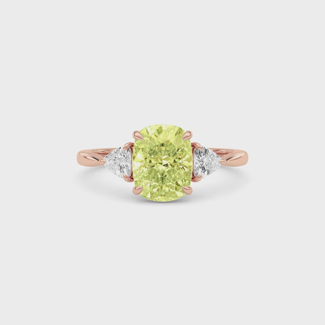 Rose gold Three-Stone Fancy Yellow Cushion Cut Diamond Ring with Trillion Side Stones