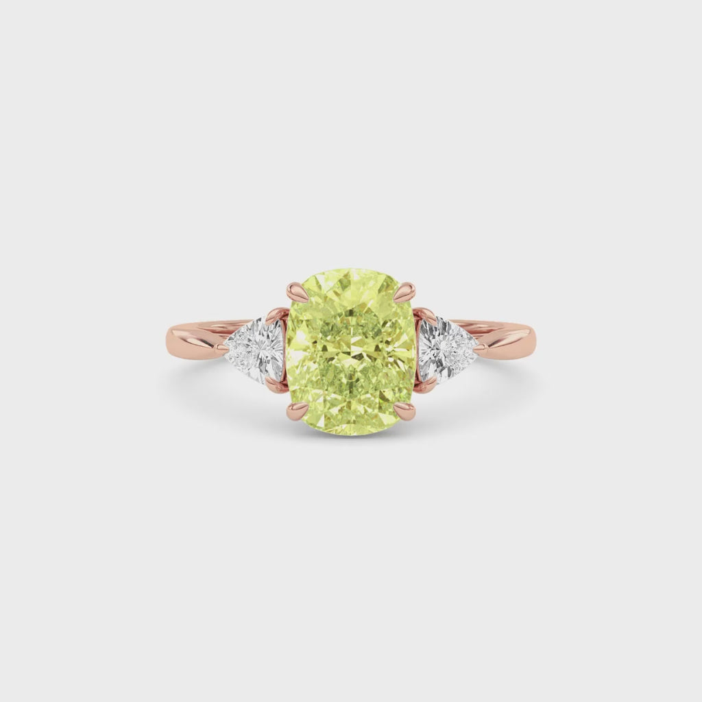 Rose gold Three-Stone Fancy Yellow Cushion Cut Diamond Ring with Trillion Side Stones